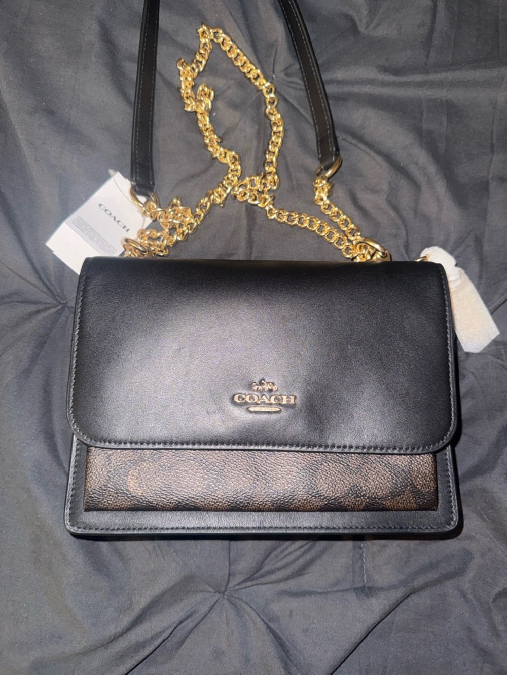 Coach Black Leather & Brown Signature Canvas Crossbody with Gold Chain